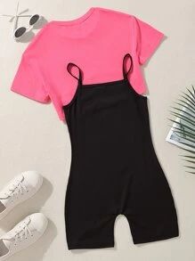 SHEIN 少女字母圖形背心連體褲和高低不一t恤 - 彩色 - 查看 2