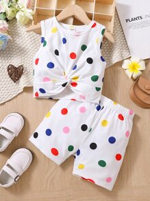 少女白色圓點度假甜美清新可愛圓領夏季兩件套 - 白色 - 查看 1
