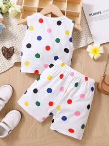 少女白色圓點度假甜美清新可愛圓領夏季兩件套 - 白色 - 查看 2