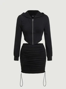 SHEIN MOD Zip Up Asymmetrical Hem Hoodie & Drawstring Ruched Skirt - Black - View 2