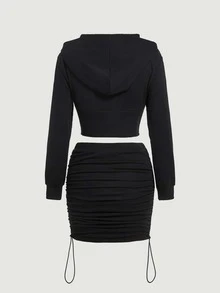 SHEIN MOD Zip Up Asymmetrical Hem Hoodie & Drawstring Ruched Skirt - Black - View 5