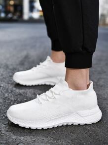 Men Knit Detail Lace-up Front Sneakers - White - View 1