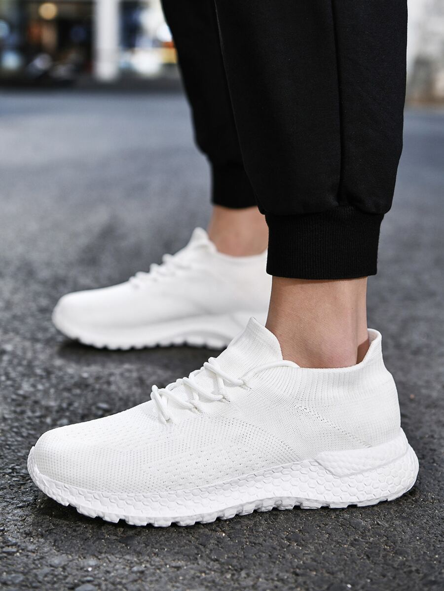 Men Knit Detail Lace-up Front Sneakers - White - View 1