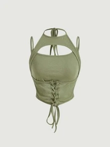 SHEIN MOD Solid Cut Out Lace Up Ribbed Top - Army Green - View 2