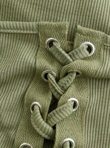 SHEIN MOD Solid Cut Out Lace Up Ribbed Top - Army Green - View 4