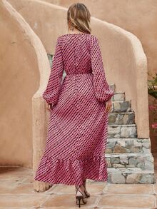 Vestido con estampado de manga farol bajo con fruncido - Multicolor - Ver 2