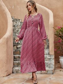 Vestido con estampado de manga farol bajo con fruncido - Multicolor - Ver 4