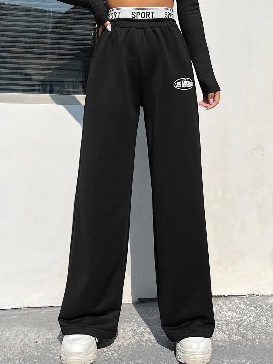 Muchica 拼接腰部字母條帶闊腿褲 - 黑色 - 查看 1