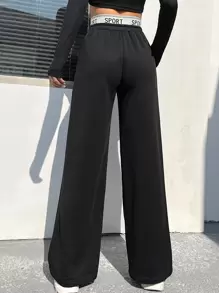 Muchica 拼接腰部字母條帶闊腿褲 - 黑色 - 查看 2