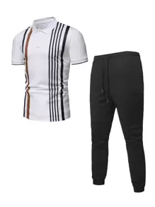Manfinity Men Striped Polo Shirt & Drawstring Waist Joggers - Black and White - View 1
