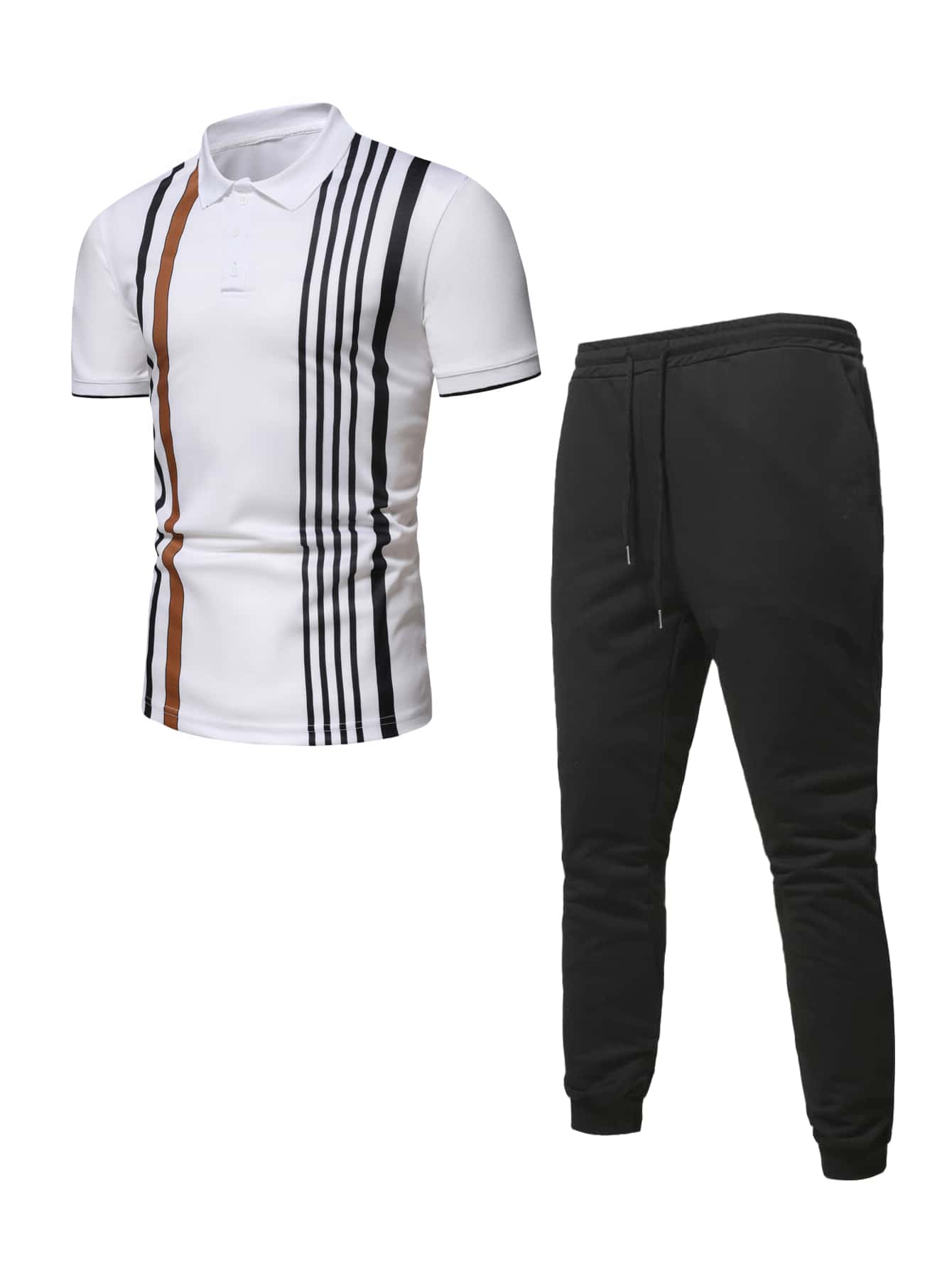 Manfinity Men Striped Polo Shirt & Drawstring Waist Joggers - Black and White - View 1