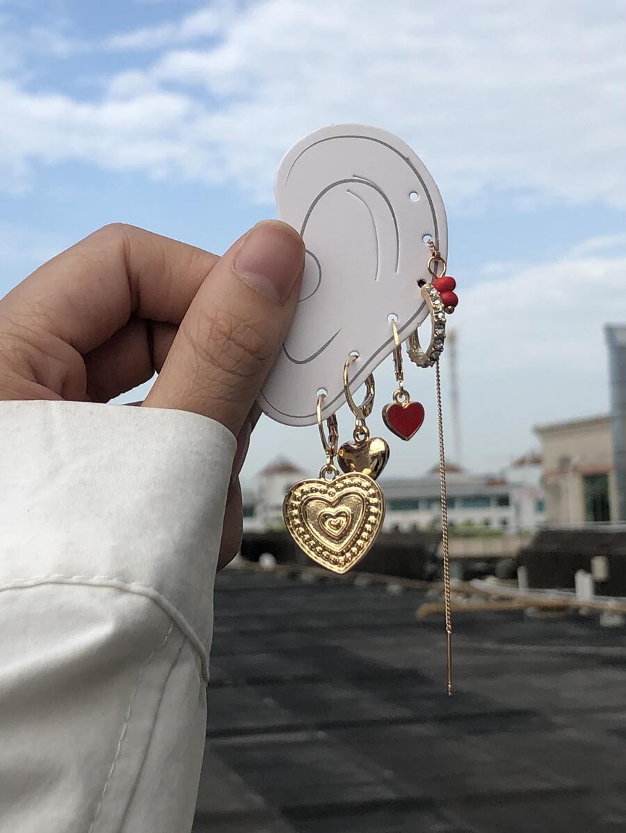 5 件心形细节耳环情人节 - 金黃色 - 查看 1