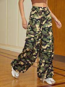 SHEIN EZwear 迷彩印花翻蓋口袋工裝褲