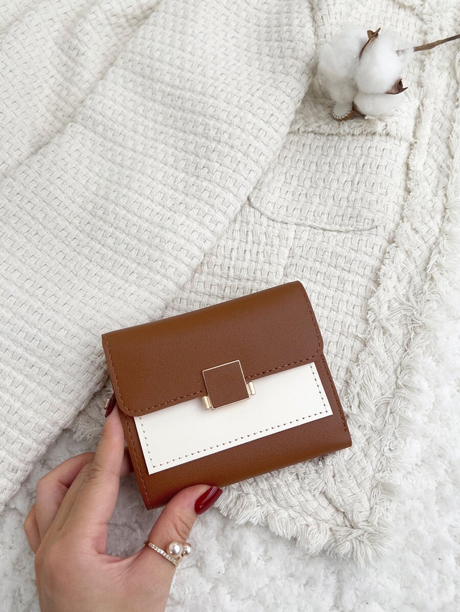 Billetera pequeña con solapa de dos tonos, cartera pequeña con ventana para tarjetas de crédito y billete, billetera plegable para mujeres, portátil, para dinero, efectivo, trabajadores de cuello blanco, para mujer universitaria, trabajo, negocios, viajes, oficina, para aniversario, pareja, regalo de cumpleaños, San Valentín - Marrón - Ver 1