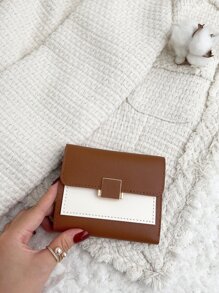Billetera pequeña con solapa de dos tonos, cartera pequeña con ventana para tarjetas de crédito y billete, billetera plegable para mujeres, portátil, para dinero, efectivo, trabajadores de cuello blanco, para mujer universitaria, trabajo, negocios, viajes, oficina, para aniversario, pareja, regalo de cumpleaños, San Valentín - Marrón - Ver 2