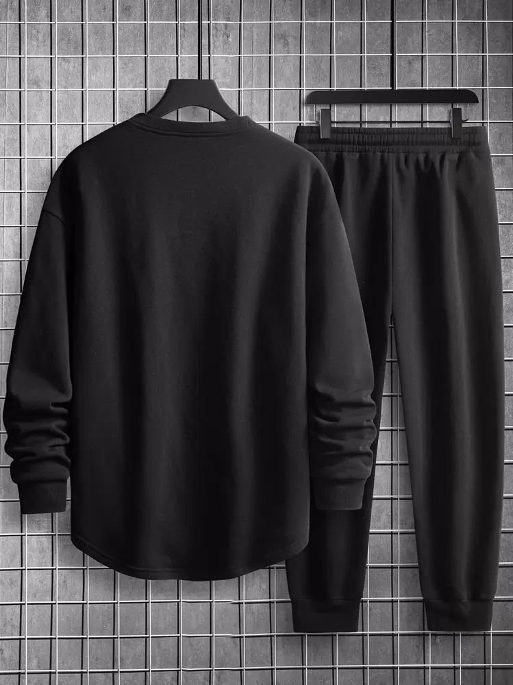 Manfinity Homme Sweat-shirt-shirt ample pour hommes avec détails de pièces rapportées et pantalon de survêtement avec cordon de serrage à la taille, vêtements d'automne - Noir - Voir 2