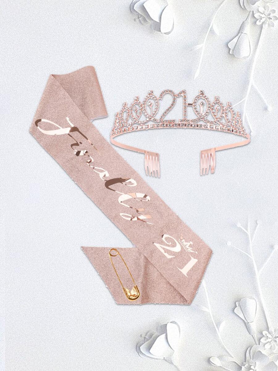 2 chiếc Pha lê nhân tạo cho bữa tiệc & Bộ khăn choàng, Bộ đồ họa chữ cái hiện đại cho bữa tiệc Nghi lễ Dây đeo vai & Bộ vòng tóc cho bữa tiệc sinh nhật - Vàng - Xem 1