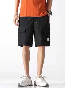 Chillumni Pantalones cortos holgados para hombre con cintura con cordón y bolsillos con solapa - Negro - Ver 6