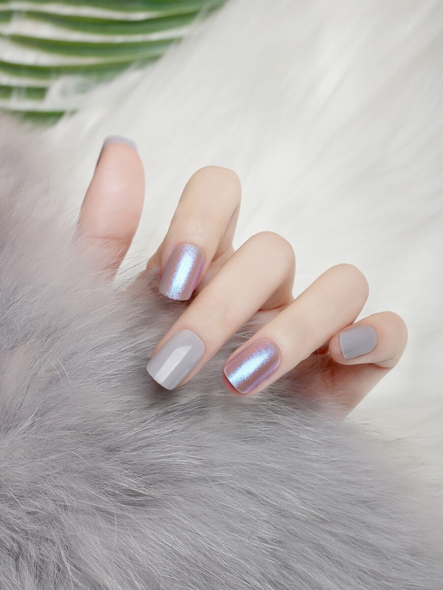 轉換你指甲片帶24入組短方形灰色極光金屬亮絲假指甲和1入組指甲銼和1張膠帶 - 彩色 - 查看 1