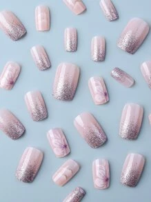 用24入組長方形假指甲改變您指甲，可愛花朵設計，中等長度，完美貼合，可拆卸指甲貼套件，適合女士和女孩 - 彩色 - 查看 3