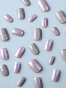 轉換你指甲片帶24入組短方形灰色極光金屬亮絲假指甲和1入組指甲銼和1張膠帶 - 彩色 - 查看 3