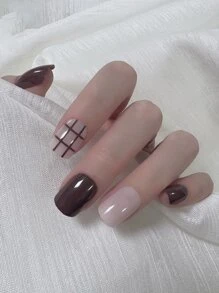 24Pcs Short Square Fake Nail & 1Pc Nail File & 1Sheet Tape Press On Nails Nail Supplies Nails - Multicolor - View 4