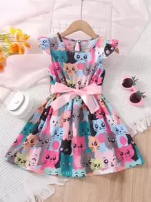 SHEIN Váy in họa tiết hoạt hình dễ thương cho bé gái cổ tròn tay xếp nếp cho mùa hè - Nhiều màu - Xem 1