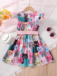 SHEIN Váy in họa tiết hoạt hình dễ thương cho bé gái cổ tròn tay xếp nếp cho mùa hè - Nhiều màu - Xem 2