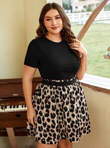 SHEIN Clasi Plus Solid Tee & Leopard Print Skirt - Black - View 5