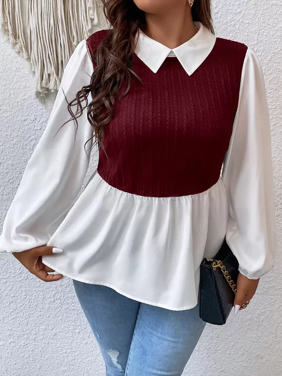 SHEIN Unity Plus Two Tone Lantern Sleeve Peplum 2 In 1 Top - Multicolor - View 1