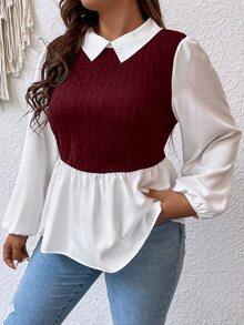 SHEIN Unity Plus Two Tone Lantern Sleeve Peplum 2 In 1 Top - Multicolor - View 3