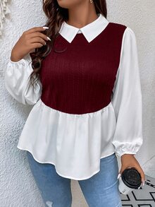 SHEIN Unity Plus Two Tone Lantern Sleeve Peplum 2 In 1 Top - Multicolor - View 4
