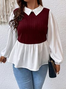 SHEIN Unity Plus Two Tone Lantern Sleeve Peplum 2 In 1 Top - Multicolor - View 5