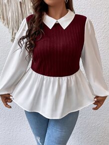 SHEIN Unity Plus Two Tone Lantern Sleeve Peplum 2 In 1 Top - Multicolor - View 6