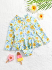 嬰兒印花前拉鍊荷葉邊下擺連體泳衣 - 彩色 - 查看 1