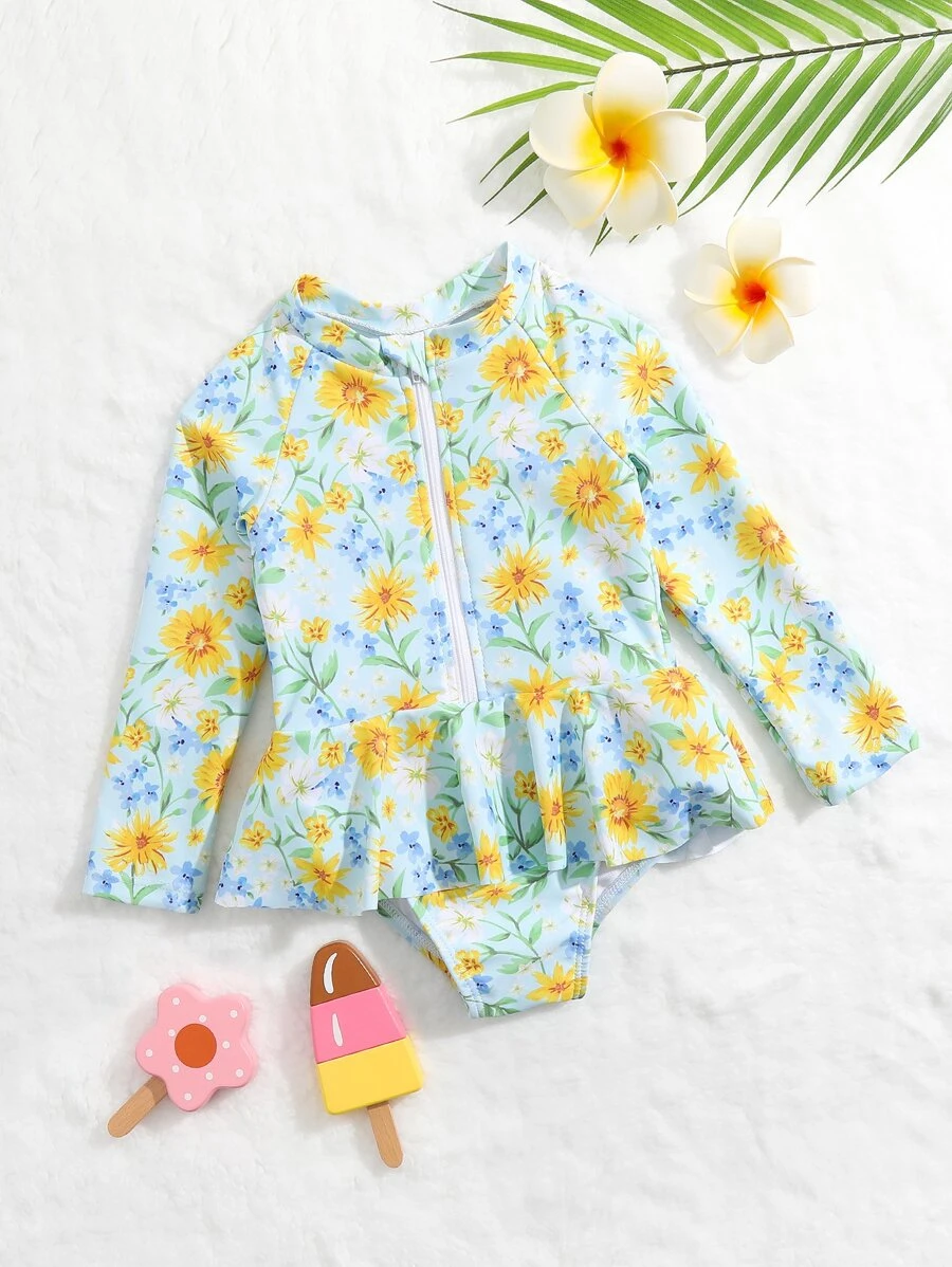 嬰兒印花前拉鍊荷葉邊下擺連體泳衣 - 彩色 - 查看 1