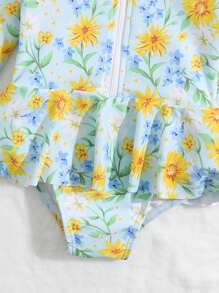 嬰兒印花前拉鍊荷葉邊下擺連體泳衣 - 彩色 - 查看 3