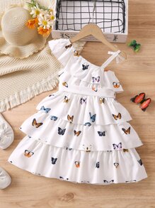 SHEIN 小女童蝴蝶圖案不對稱領多層下擺繫腰帶連衣裙 - 白色 - 查看 2