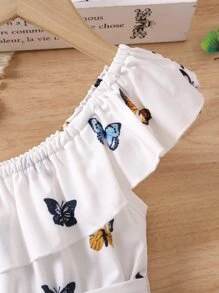 SHEIN 小女童蝴蝶圖案不對稱領多層下擺繫腰帶連衣裙 - 白色 - 查看 3