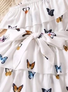 SHEIN 小女童蝴蝶圖案不對稱領多層下擺繫腰帶連衣裙 - 白色 - 查看 4