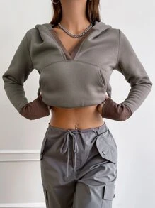 SHEIN EZwear Two Tone Kangaroo Pocket Crop Hoodie - Dark Grey - View 1