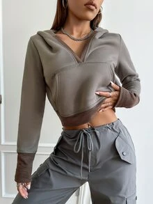 SHEIN EZwear Two Tone Kangaroo Pocket Crop Hoodie - Dark Grey - View 3