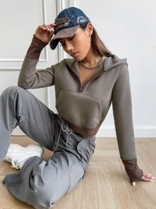 SHEIN EZwear Two Tone Kangaroo Pocket Crop Hoodie - Dark Grey - View 4