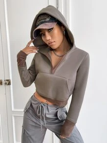SHEIN EZwear Two Tone Kangaroo Pocket Crop Hoodie - Dark Grey - View 5