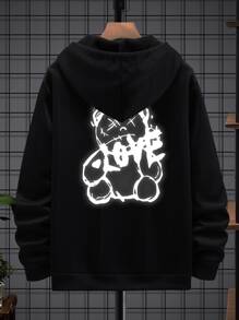 Manfinity Men Reflective Bear Print Kangaroo Pocket Drawstring Hoodie - Black - View 1