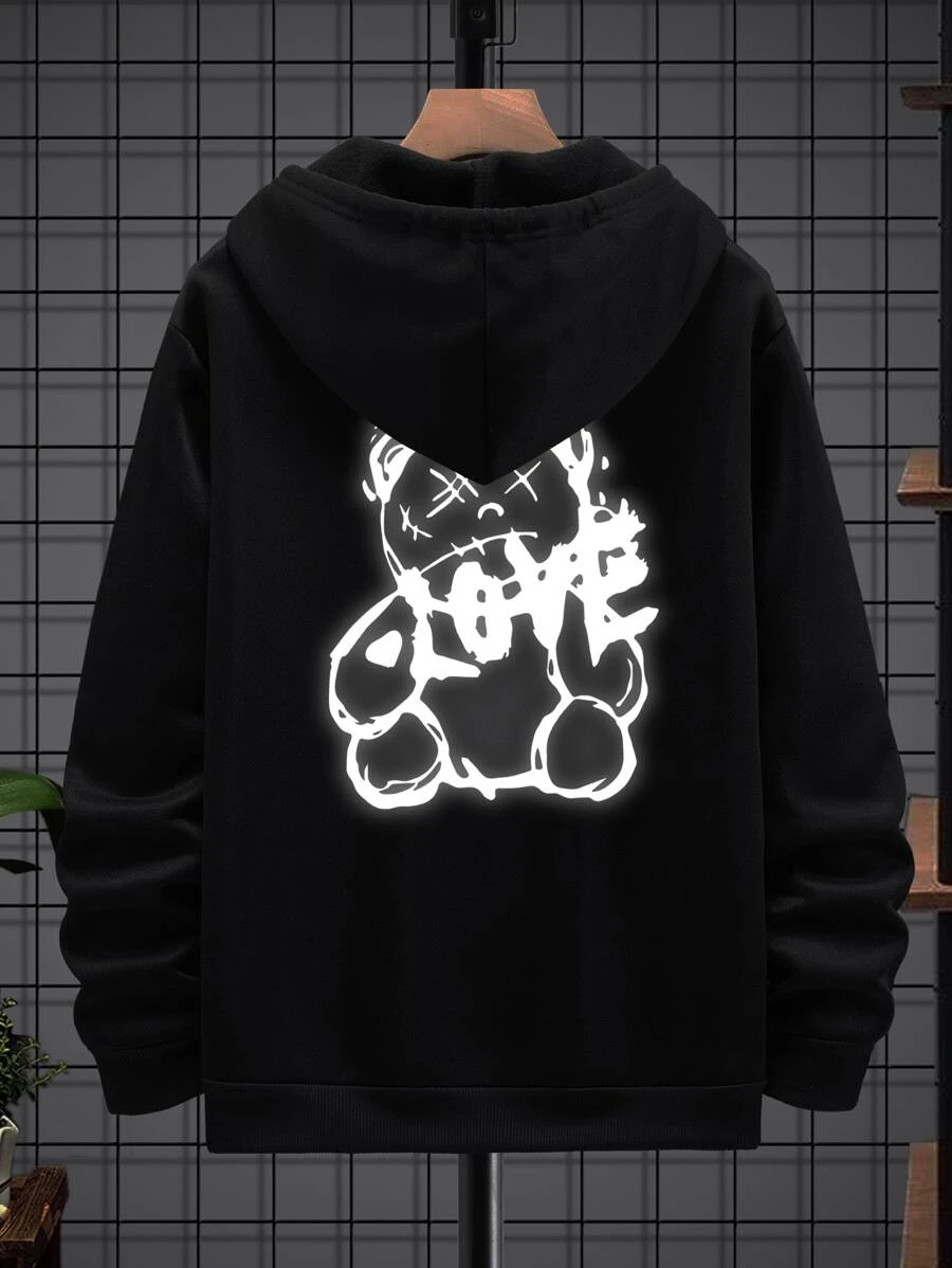 Manfinity Men Reflective Bear Print Kangaroo Pocket Drawstring Hoodie - Black - View 1