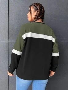 SHEIN EZwear Plus Colourblock Drop Shoulder Sweatshirt - Army Green - View 2