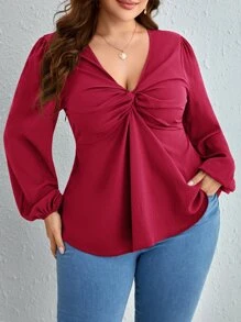 SHEIN Clasi Plus Twist Front Lantern Sleeve Blouse - Rose Red - View 1