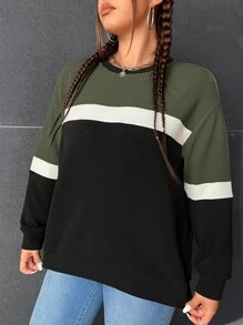 SHEIN EZwear Plus Colourblock Drop Shoulder Sweatshirt - Army Green - View 3