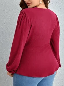 SHEIN Clasi Plus Twist Front Lantern Sleeve Blouse - Rose Red - View 2
